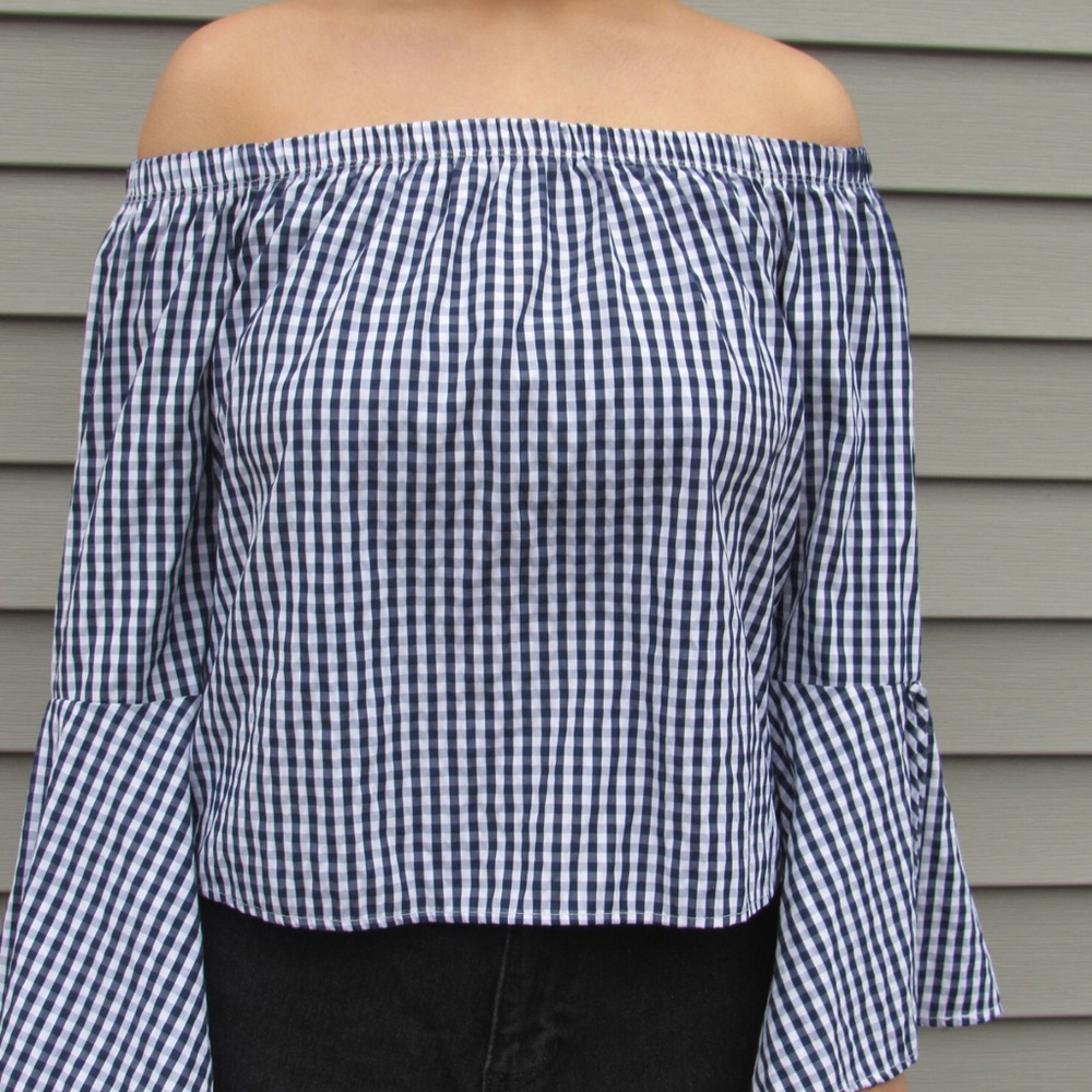 gingham off the shoulder long sleeved top